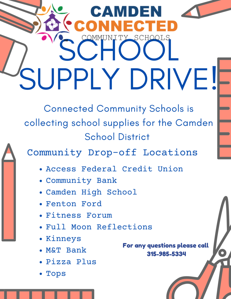 Connected Community Schools Supply Drive - Locations Include Access FCU, Community Bank, CHS, Fenton Ford, Fitness Forum, Kinneys, M&T, Pizza Plus, Tops, and More