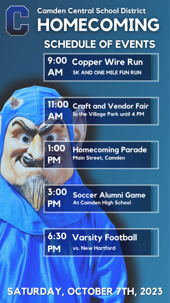Homecoming event schedule. 9 AM Copper Wire Run, 11 AM Craft Fair, 1 PM Parade, 3 PM Soccer Alumni Game, Varsity Football at 6:30